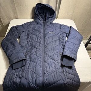 Columbia Puffer Long Jacket Women’s Small Navy Omni Heat Full Zip Insulated